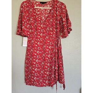 Sanctuary Floral Print Wrap Dress Ruffle Short Sleeve Red‎ XS